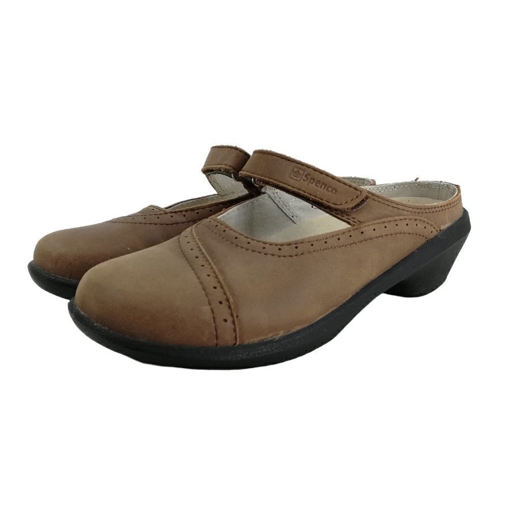 Spenco Slip On Leather Mules Clogs Shoes Size 7 EU 37.5 Brown Comfort Adjustable